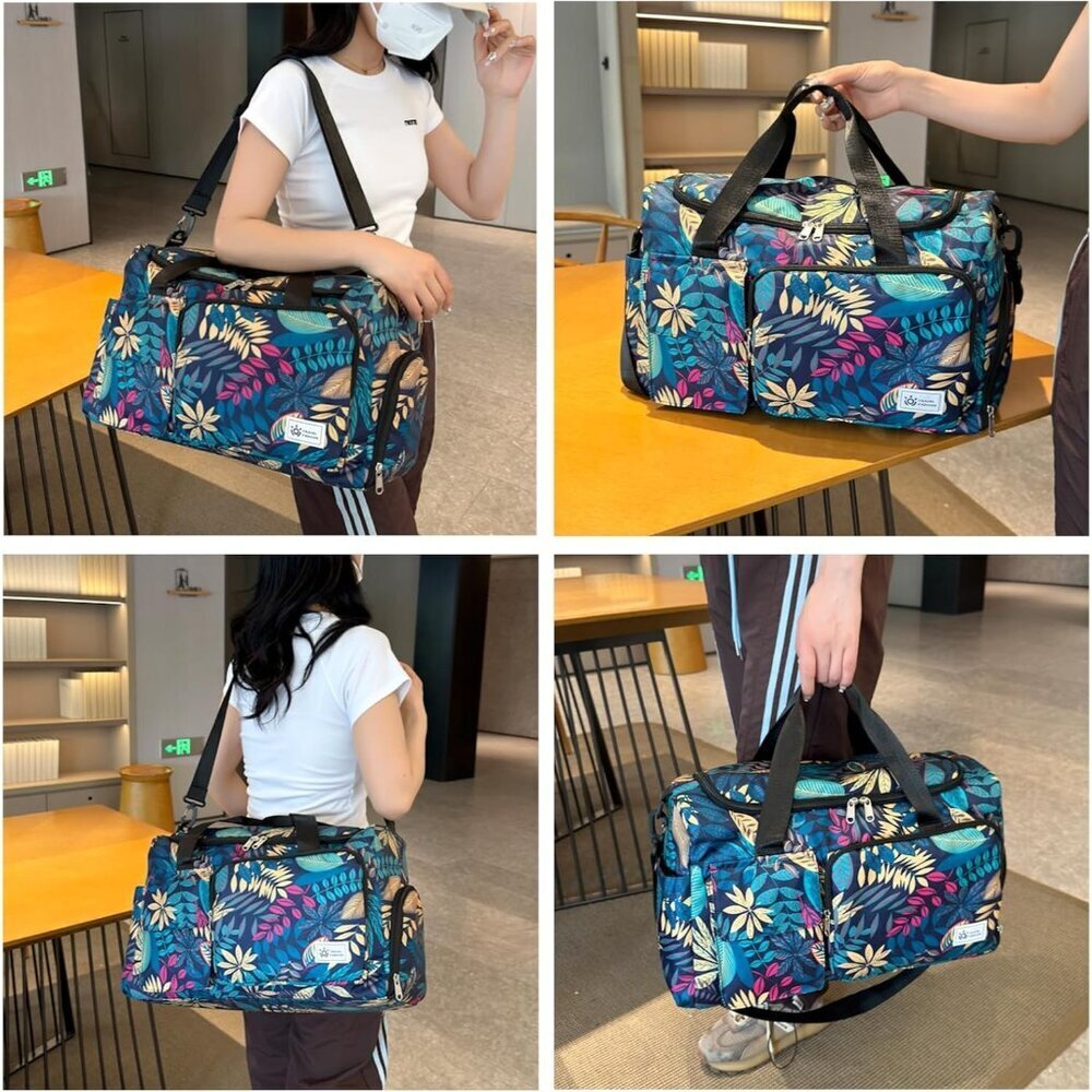 Women Green Leaves Small Gym Carry On Weekender Travel Shoe Compartment Bag - Picture 3 of 6